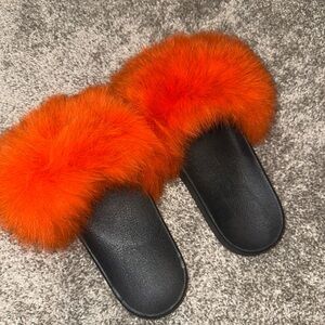 Orange GSUWOO Raccoon Fur Slides